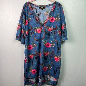 L&B Lucky & Blessed Denim Blue Floral Cow Skull Print Coverup Lounge Dress 2X